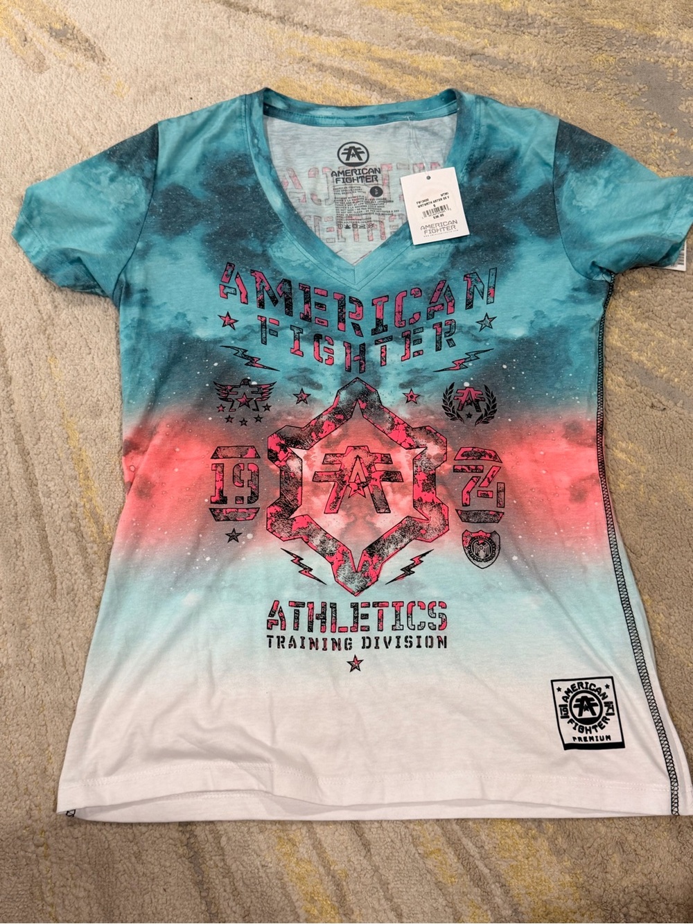 American Fighter Teal Coral White Ombre Logo V-Neck Tee